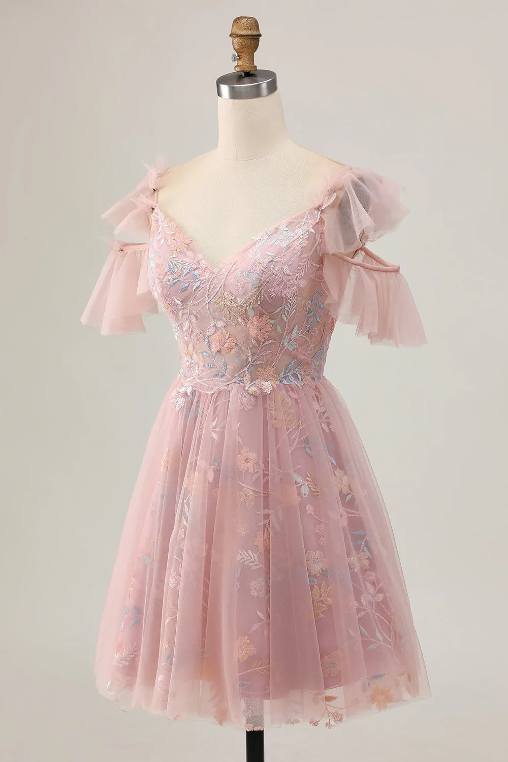 Blush A-Line Cold Shoulder Floral Short Homecoming Dress with Appliques sold by Zapaka product image thumbnail 3