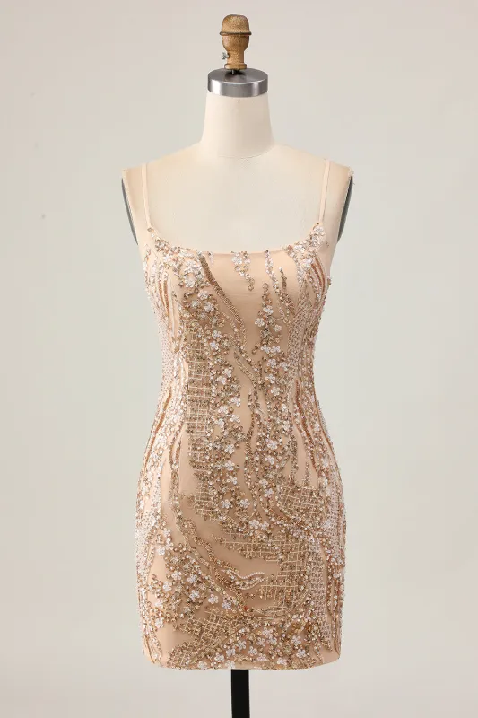 Sparkly Champagne Sequins Bodycon Homecoming Dress with Beading sold by Zapaka