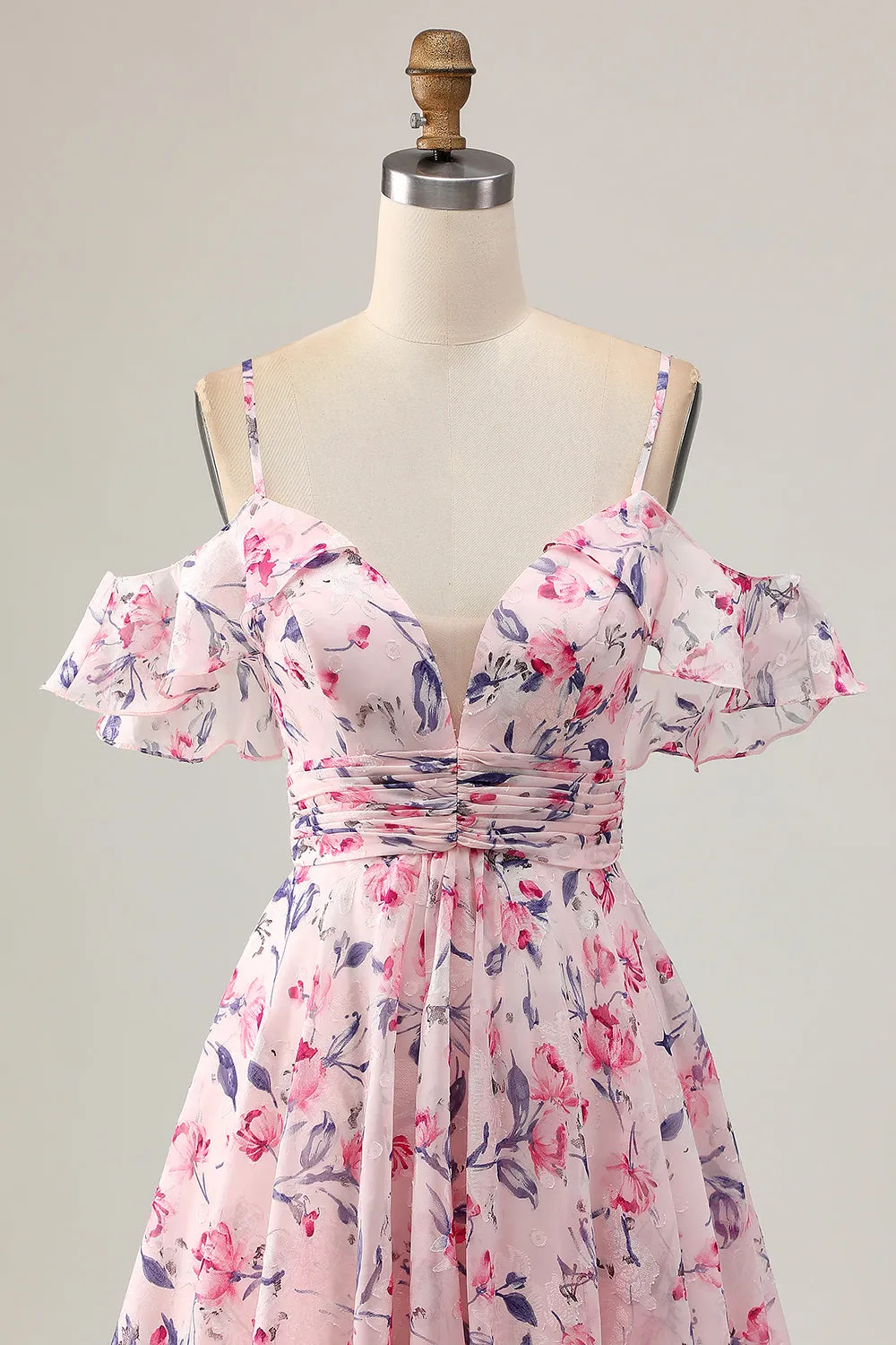 Pink Floral A Line Cold Shoulder Short Homecoming Dress sold by Zapaka product image thumbnail 4