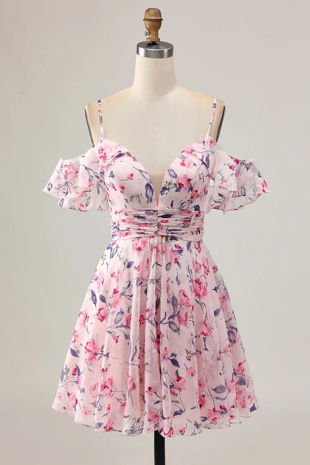 Pink Floral A Line Cold Shoulder Short Homecoming Dress sold by Zapaka
