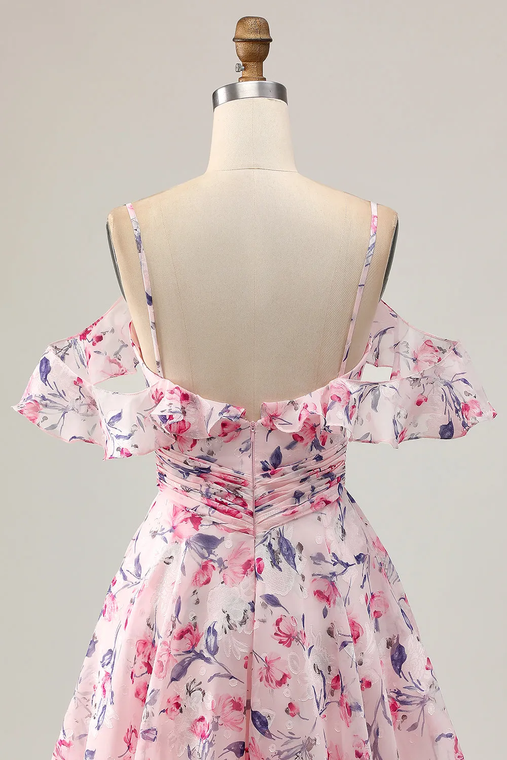Pink Floral A Line Cold Shoulder Short Homecoming Dress sold by Zapaka product image thumbnail 5
