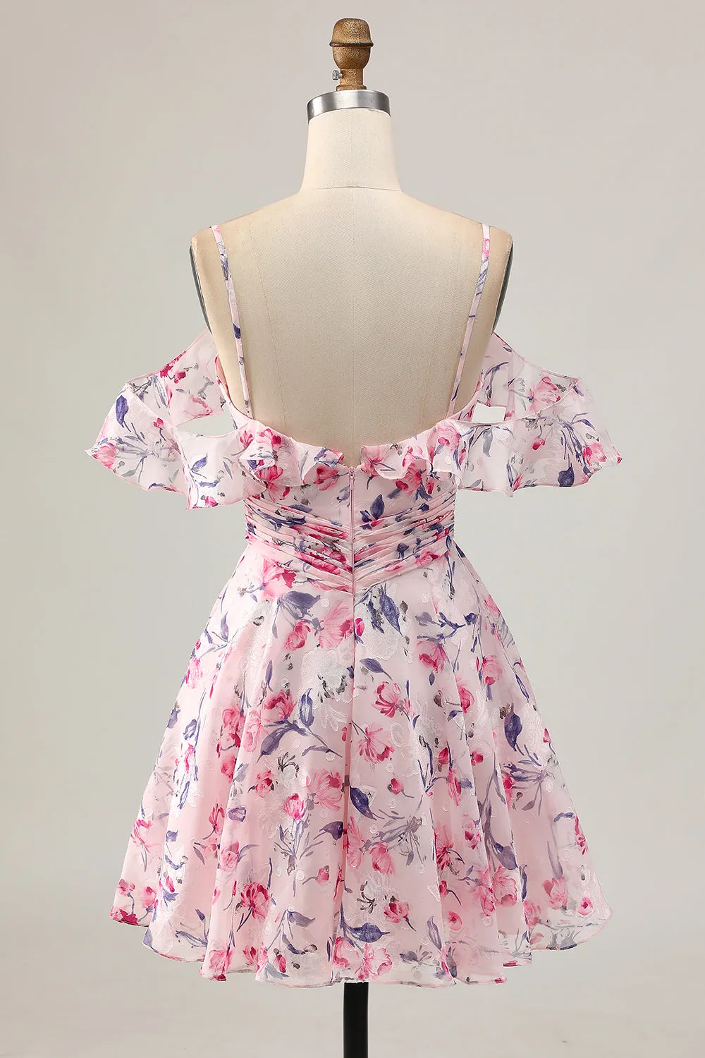 Pink Floral A Line Cold Shoulder Short Homecoming Dress sold by Zapaka product image thumbnail 2