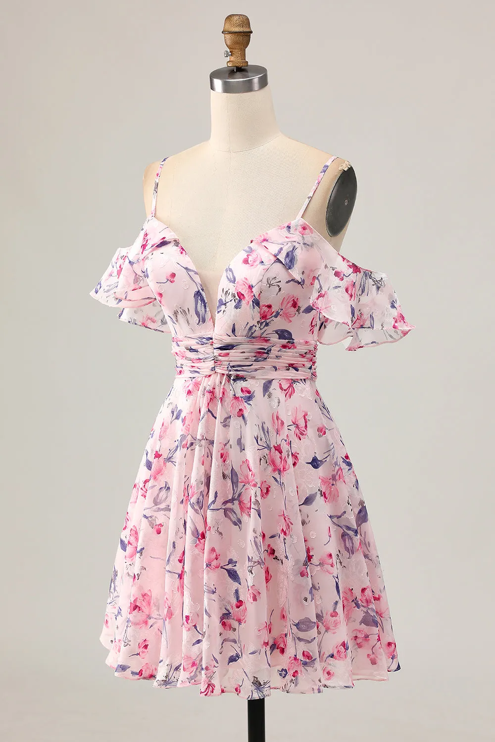 Pink Floral A Line Cold Shoulder Short Homecoming Dress sold by Zapaka product image thumbnail 3