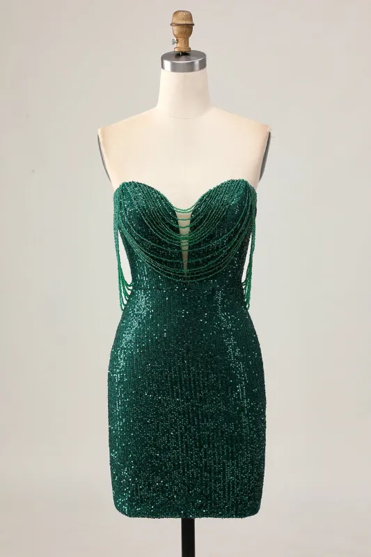 Sparkly Off The Shoulder Dark Green Bodycon Sequins Homecoming Dress sold by Zapaka