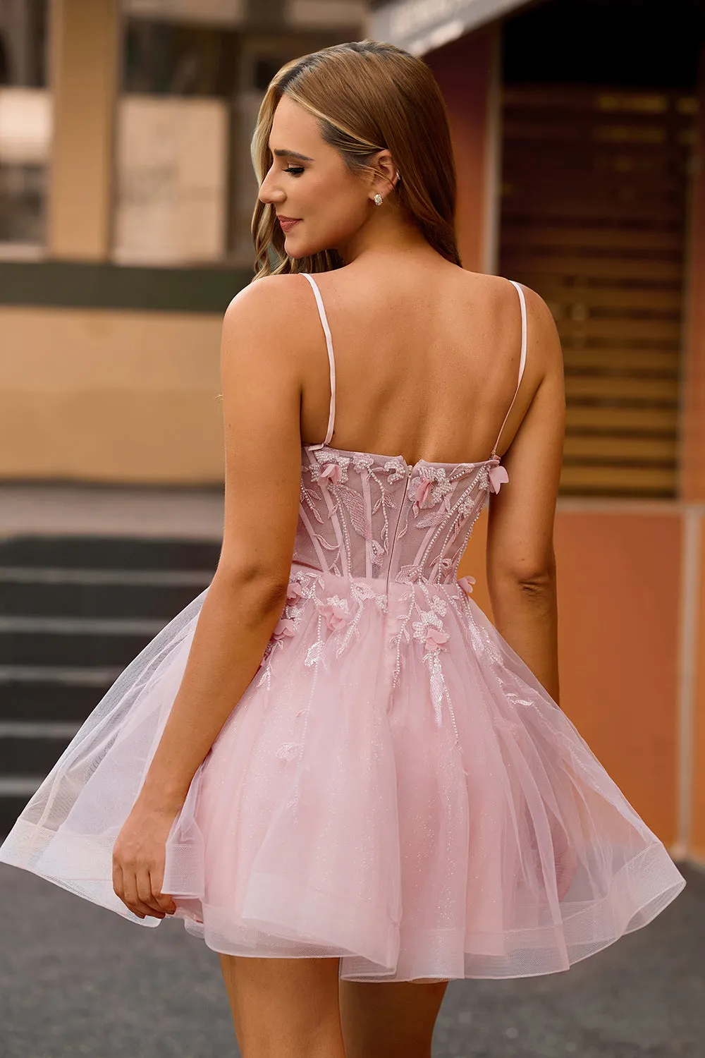Pink A Line Beaded Corset Short Homecoming Dress with Appliques sold by Zapaka product image thumbnail 2