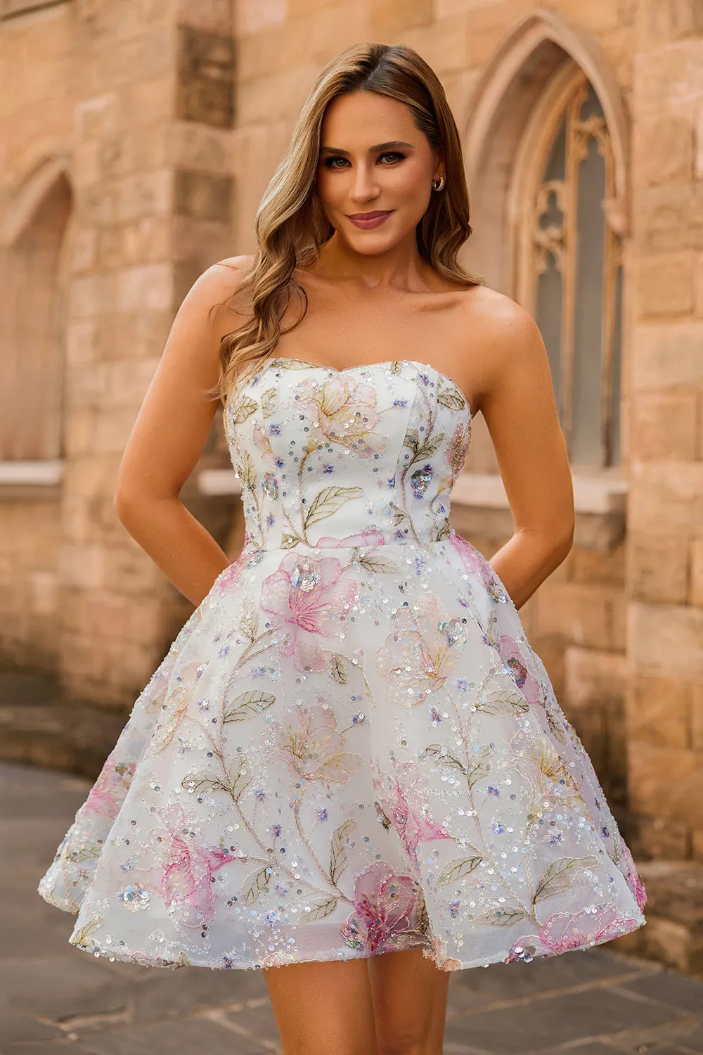 Sparkly Sequins A-Line Strapless Floral Short Homecoming Dress sold by Zapaka product image thumbnail 4