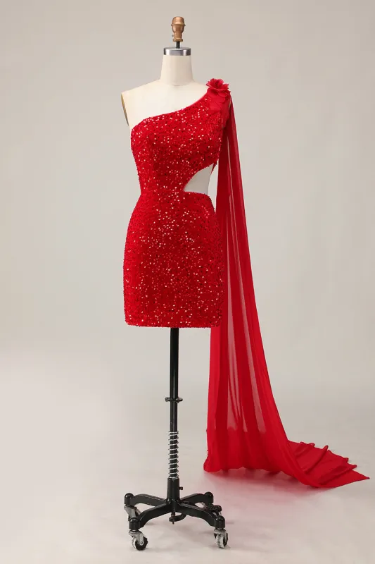 Sparkly Sequins One Shoulder Cut Out Tight Short Red Homecoming Dress with Streamer sold by Zapaka