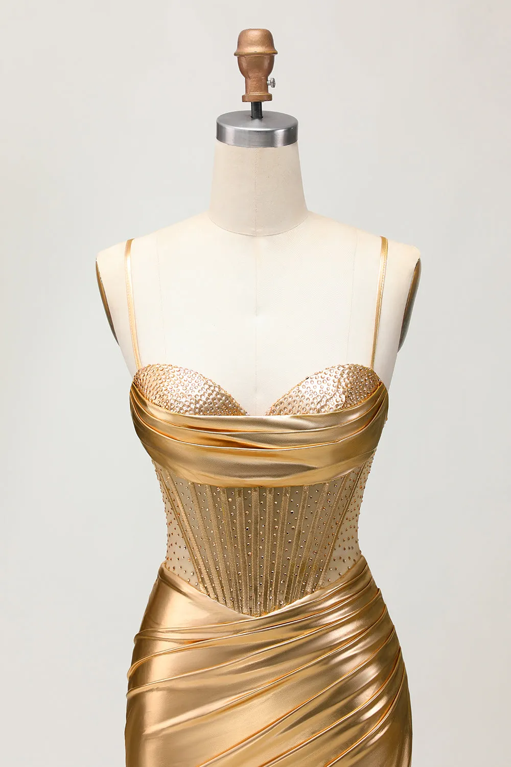 Metallic Satin Ruched Golden Bodycon Corset Homecoming Dress with Beading sold by Zapaka product image thumbnail 4