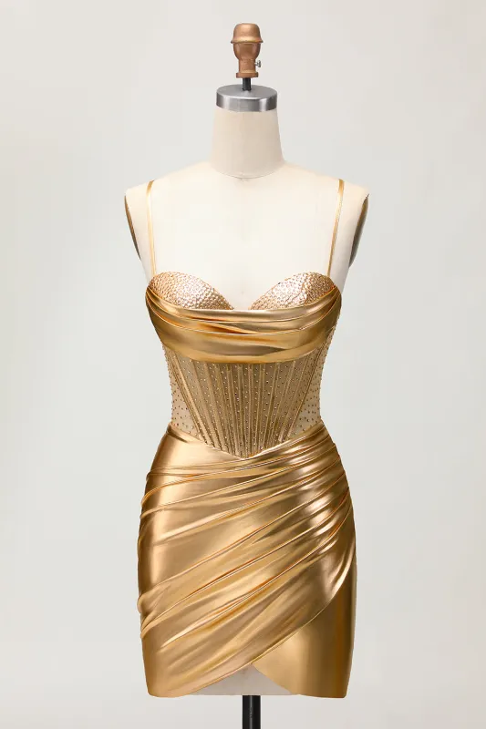 Metallic Satin Ruched Golden Bodycon Corset Homecoming Dress with Beading sold by Zapaka