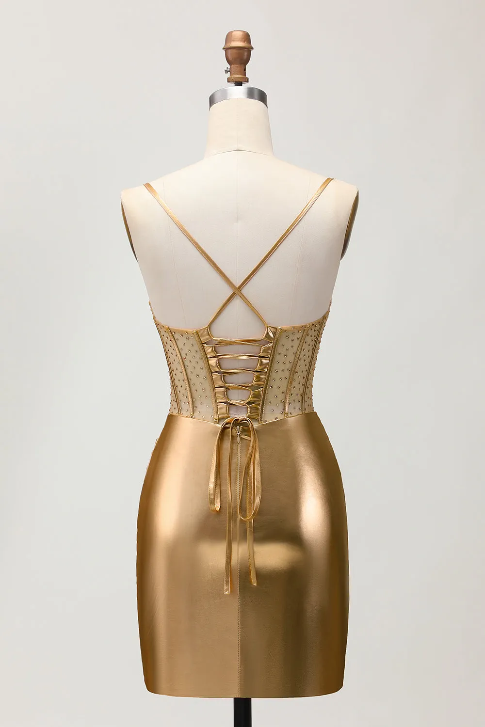 Metallic Satin Ruched Golden Bodycon Corset Homecoming Dress with Beading sold by Zapaka product image thumbnail 2