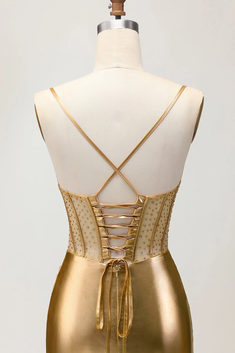 Metallic Satin Ruched Golden Bodycon Corset Homecoming Dress with Beading sold by Zapaka product image thumbnail 5