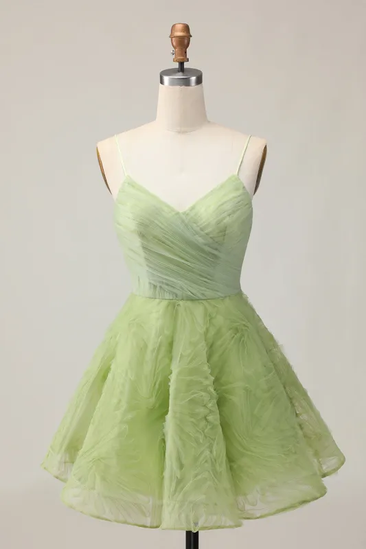 A Line Spaghetti Straps Green Ruched Short Homecoming Dress with Open Back sold by Zapaka