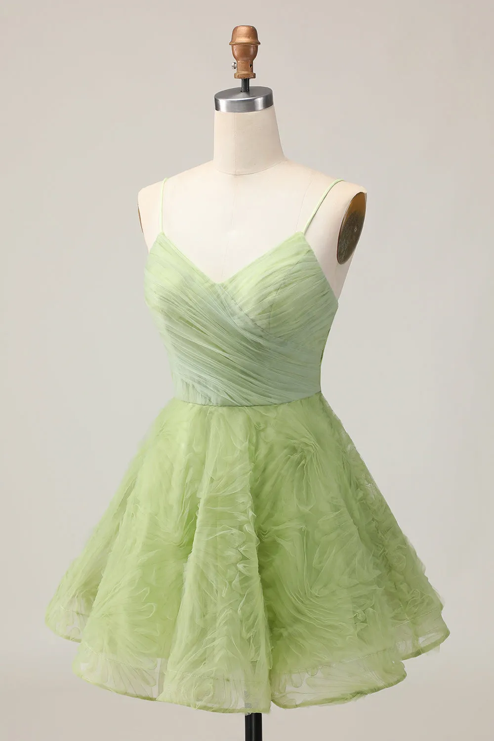 A Line Spaghetti Straps Green Ruched Short Homecoming Dress with Open Back sold by Zapaka product image thumbnail 3