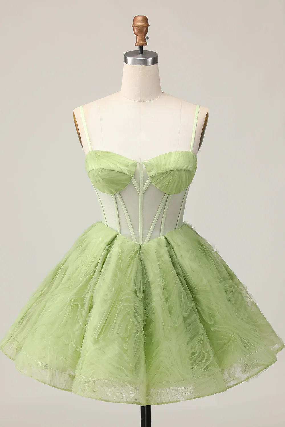 Green A Line Strapless Sheer Corset Ruched Short Homecoming Dress sold by Zapaka