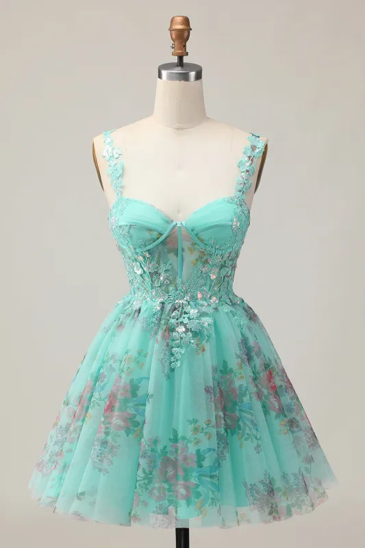 Green Corset A-Line Floral Short Homecoming Dress with Lace Up Back sold by Zapaka