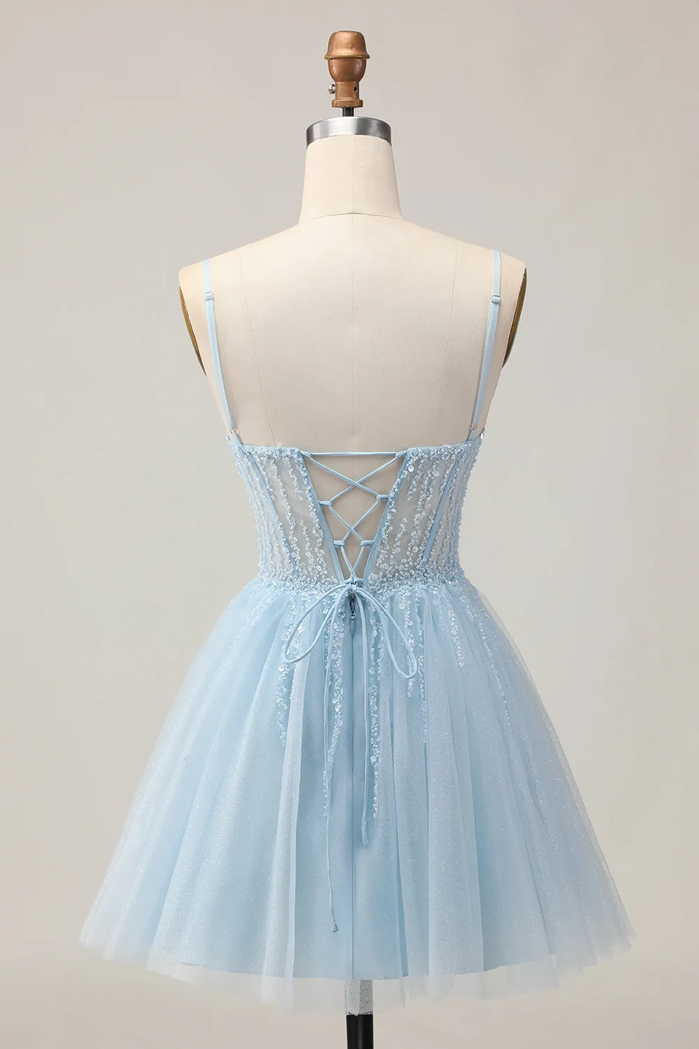 Light Blue A Line Beaded Short Sequins Homecoming Dress with Lace Up Back sold by Zapaka product image thumbnail 2