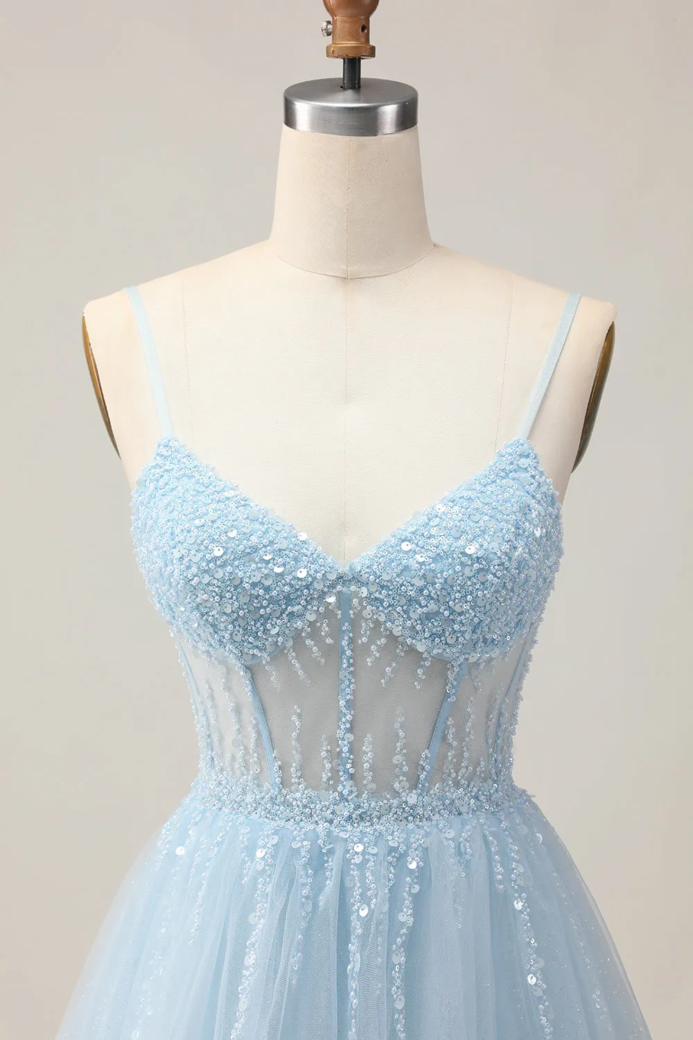 Light Blue A Line Beaded Short Sequins Homecoming Dress with Lace Up Back sold by Zapaka product image thumbnail 4