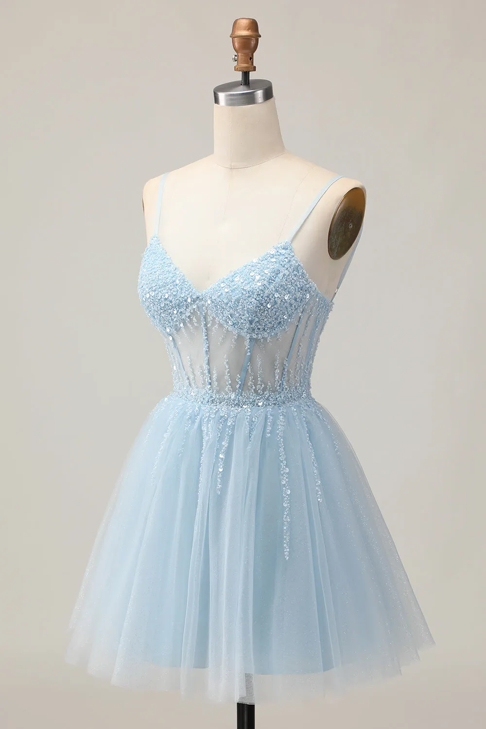 Light Blue A Line Beaded Short Sequins Homecoming Dress with Lace Up Back sold by Zapaka product image thumbnail 3