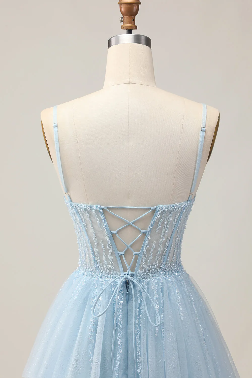 Light Blue A Line Beaded Short Sequins Homecoming Dress with Lace Up Back sold by Zapaka product image thumbnail 5