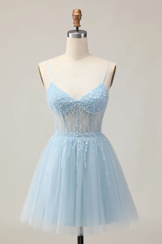 Light Blue A Line Beaded Short Sequins Homecoming Dress with Lace Up Back sold by Zapaka