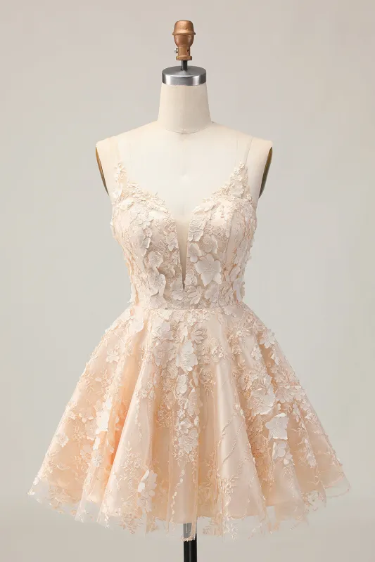 Apricot A Line Spaghetti Straps Floral Short Homecoming Dress with Appliques sold by Zapaka