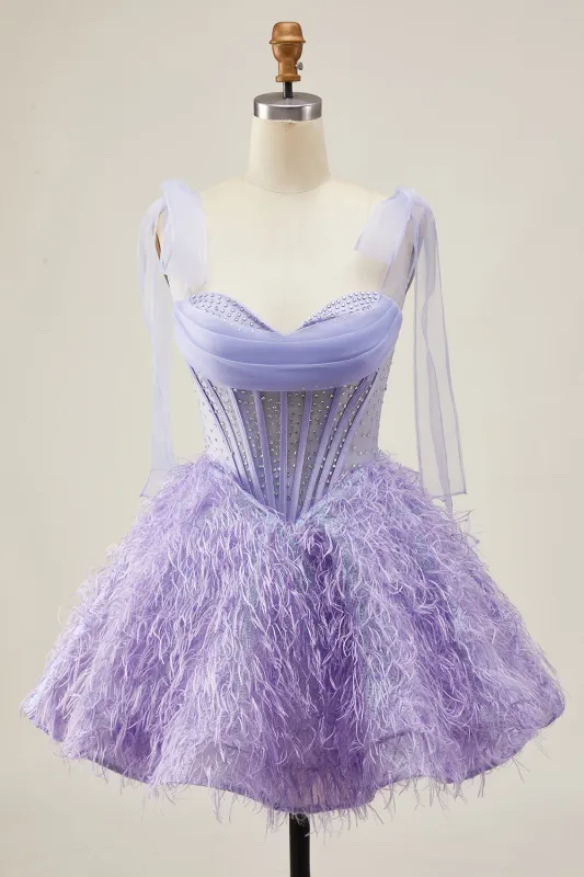 Lilac A-Line Spaghetti Straps Corset Beaded Short Homecoming Dress with Feathers sold by Zapaka