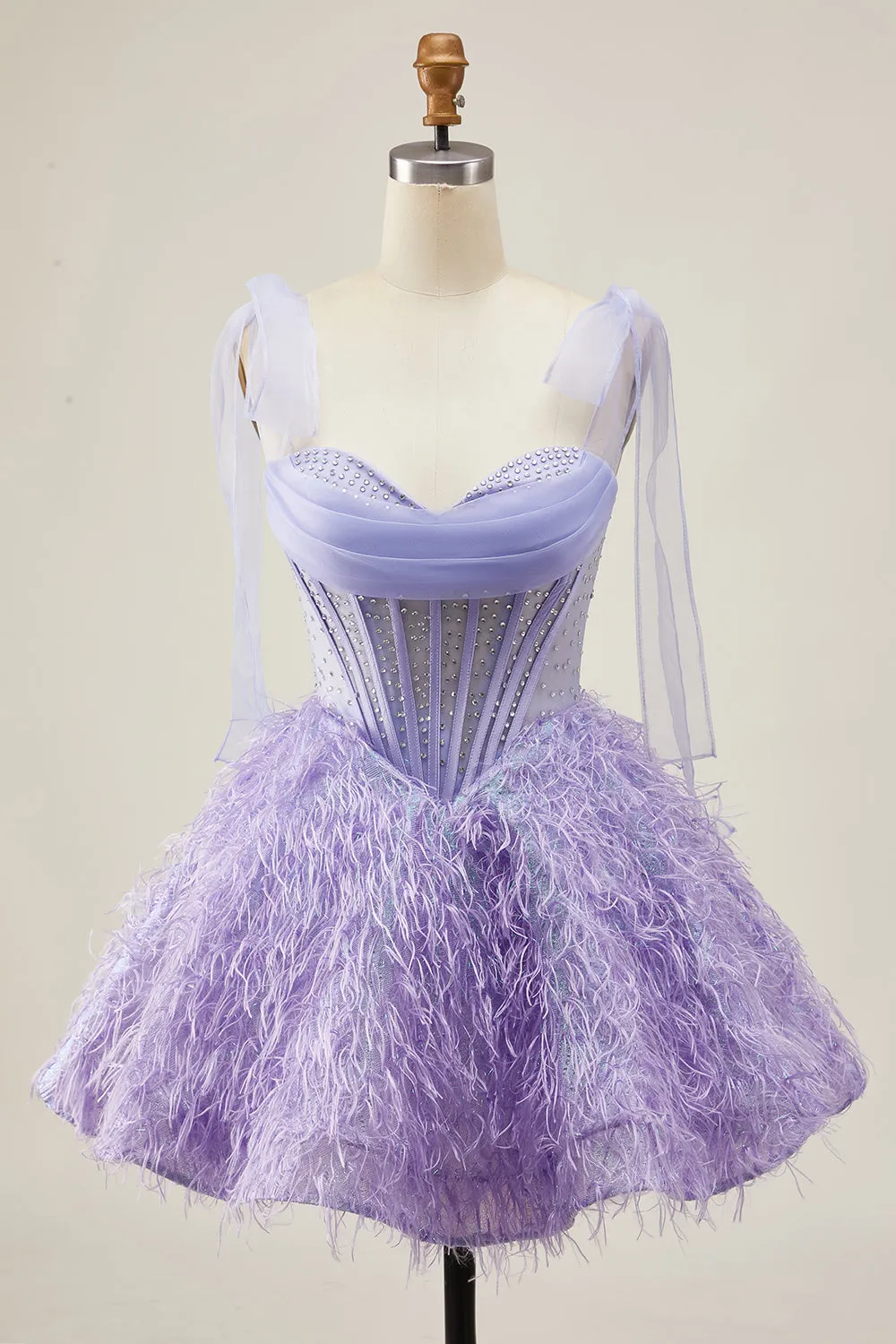 Lilac A-Line Spaghetti Straps Corset Beaded Short Homecoming Dress with Feathers sold by Zapaka