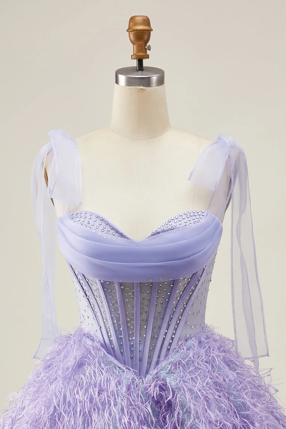 Lilac A-Line Spaghetti Straps Corset Beaded Short Homecoming Dress with Feathers sold by Zapaka product image thumbnail 4