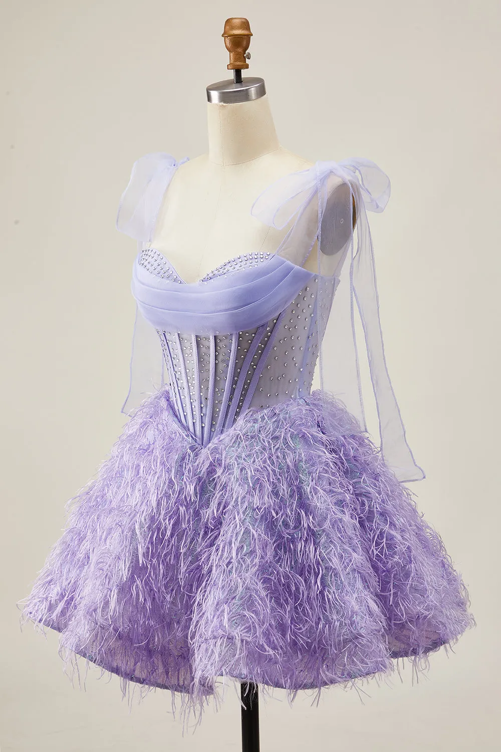 Lilac A-Line Spaghetti Straps Corset Beaded Short Homecoming Dress with Feathers sold by Zapaka product image thumbnail 3