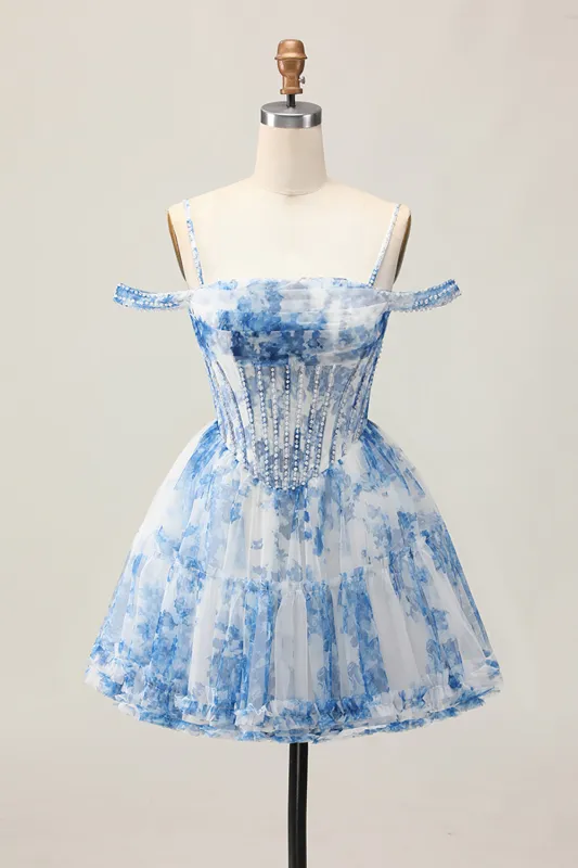 White Blue Flower A-Line Cold Shoulder Printed Beaded Homecoming Dress sold by Zapaka
