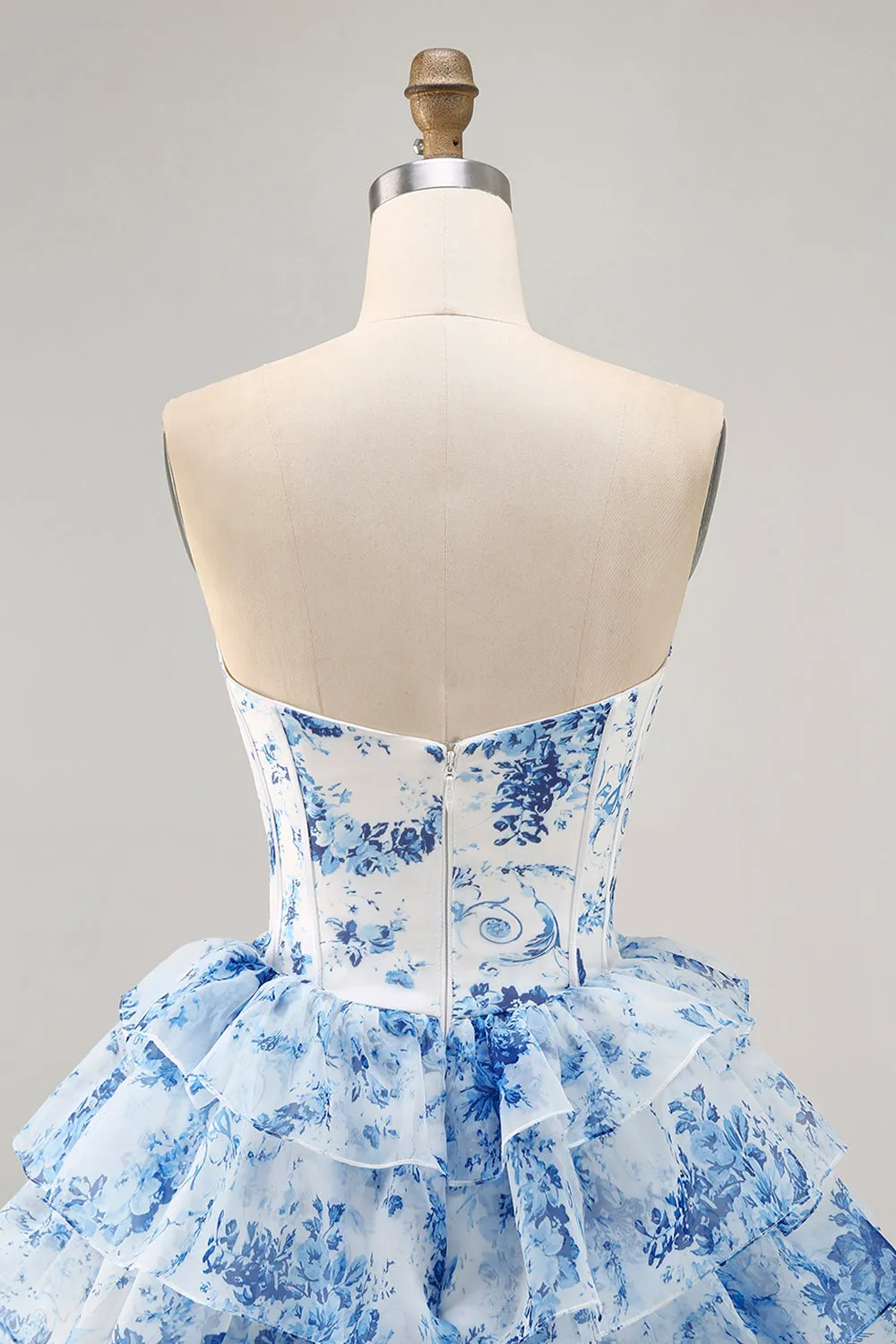 White Blue Flower A-Line Strapless Sequins Printed Homecoming Dress sold by Zapaka product image thumbnail 5