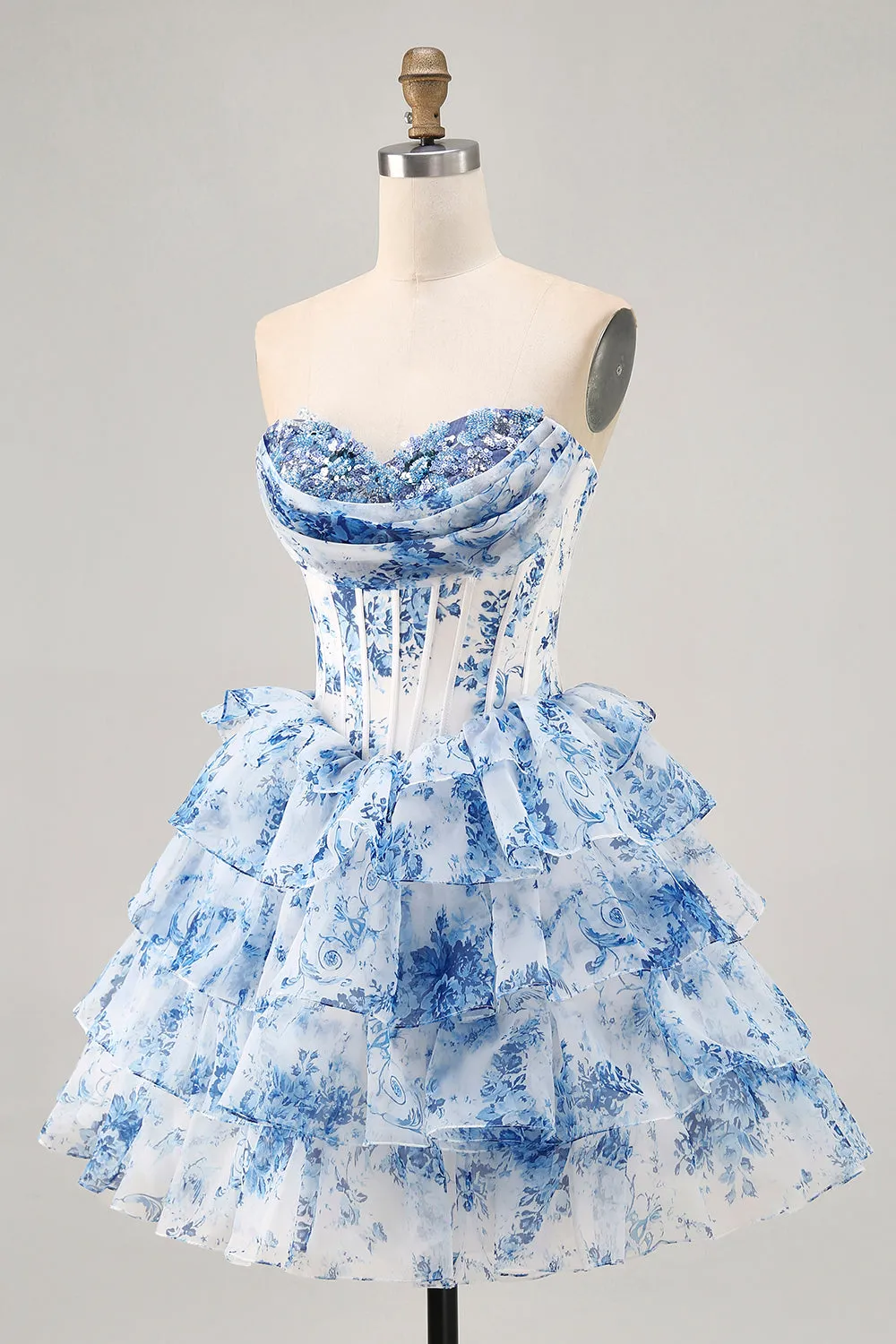 White Blue Flower A-Line Strapless Sequins Printed Homecoming Dress sold by Zapaka product image thumbnail 3