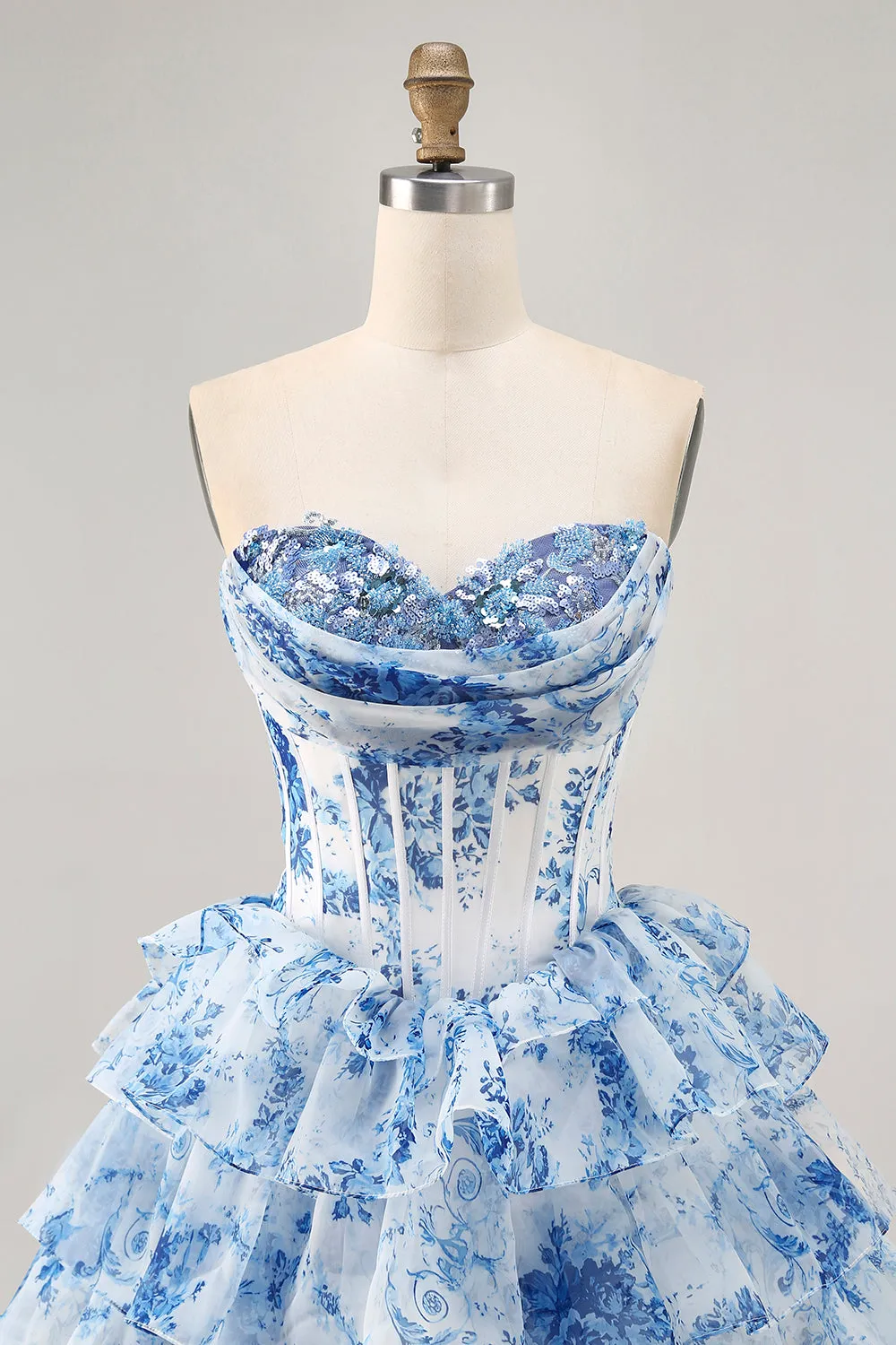White Blue Flower A-Line Strapless Sequins Printed Homecoming Dress sold by Zapaka product image thumbnail 4