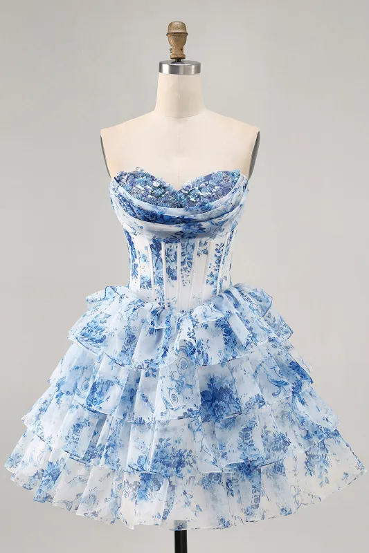White Blue Flower A-Line Strapless Sequins Printed Homecoming Dress sold by Zapaka
