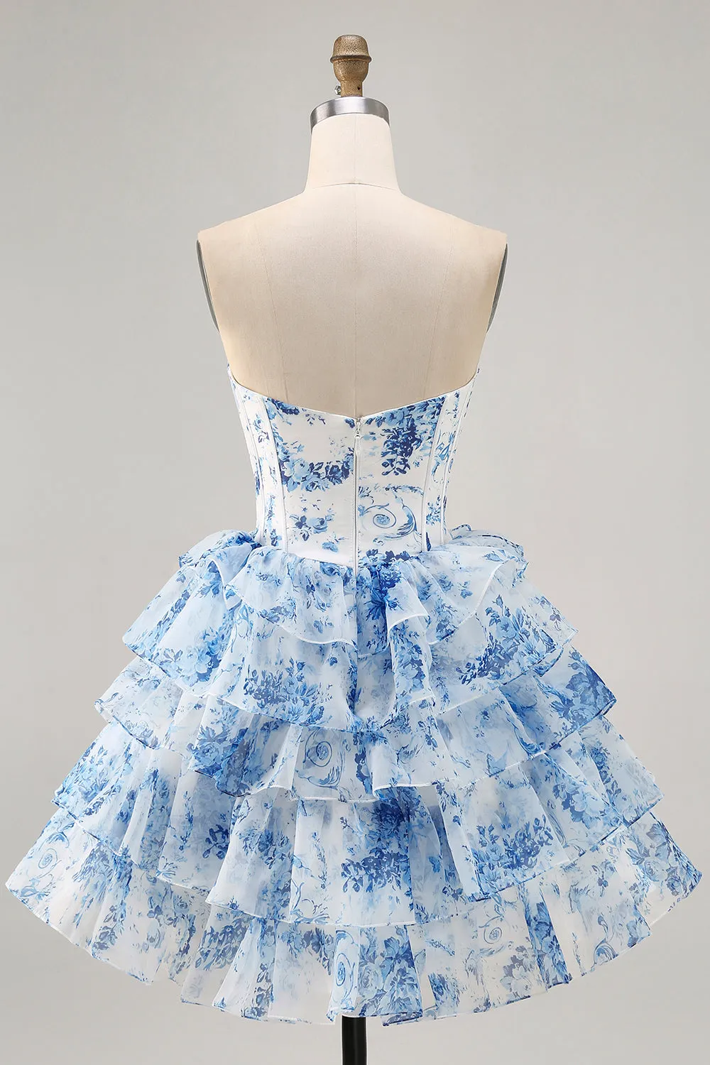White Blue Flower A-Line Strapless Sequins Printed Homecoming Dress sold by Zapaka product image thumbnail 2