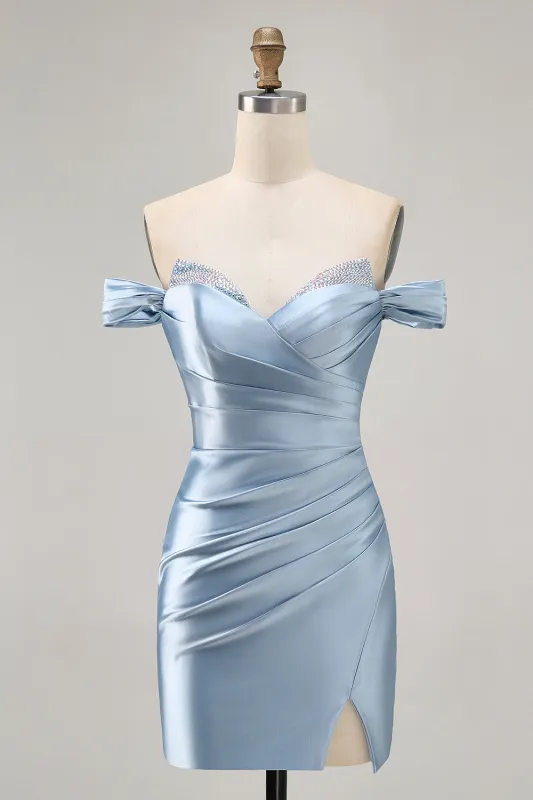 Grey Blue Off The Shoulder Satin Ruched Bodycon Homecoming Dress with Slit sold by Zapaka