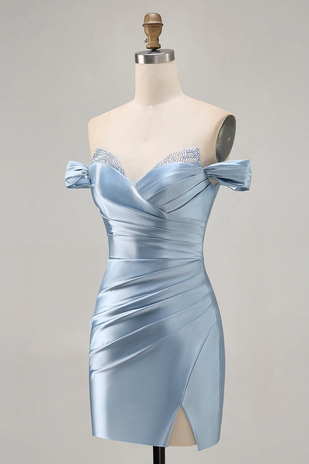 Grey Blue Off The Shoulder Satin Ruched Bodycon Homecoming Dress with Slit sold by Zapaka product image thumbnail 3
