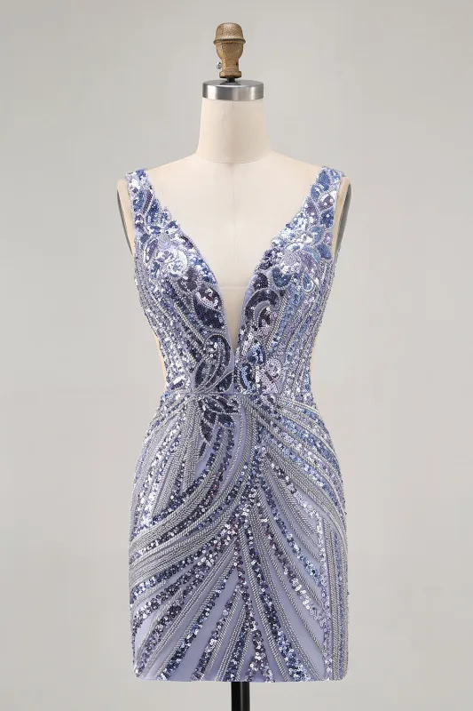 Sparkly Lilac V-Neck Sequins Bodycon Homecoming Dress sold by Zapaka