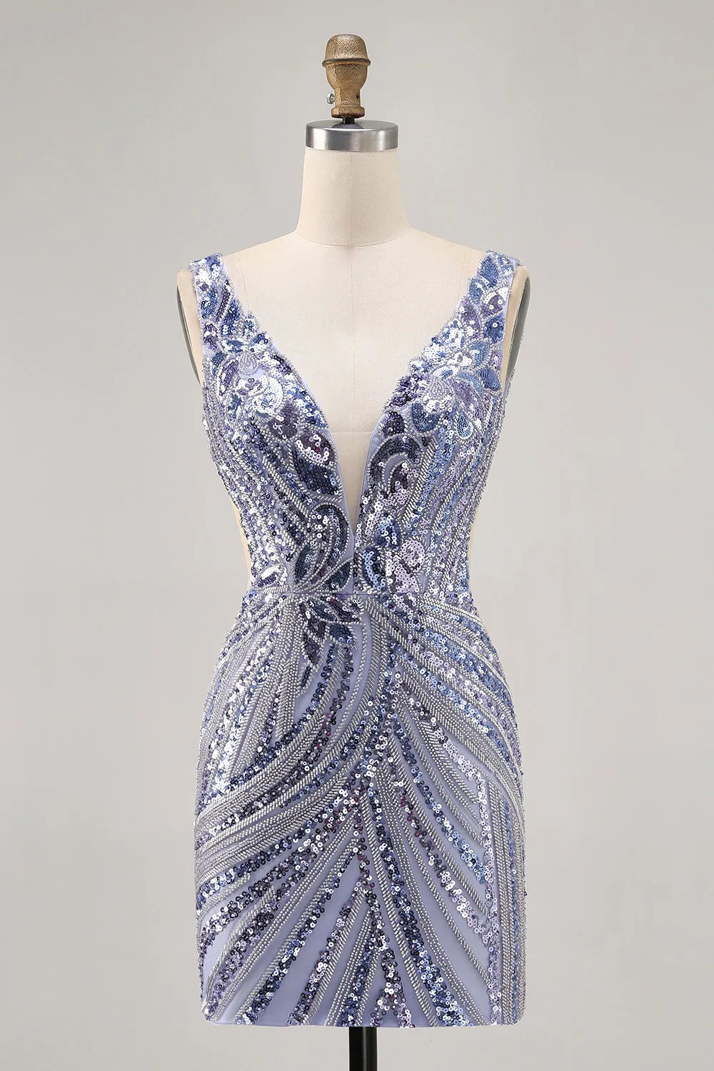 Sparkly Lilac V-Neck Sequins Bodycon Homecoming Dress sold by Zapaka