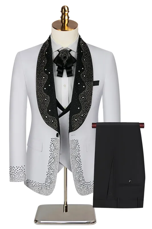 Men's White Beaded Shawl Lapel Single Breasted 3 Pieces Suits sold by Zapaka