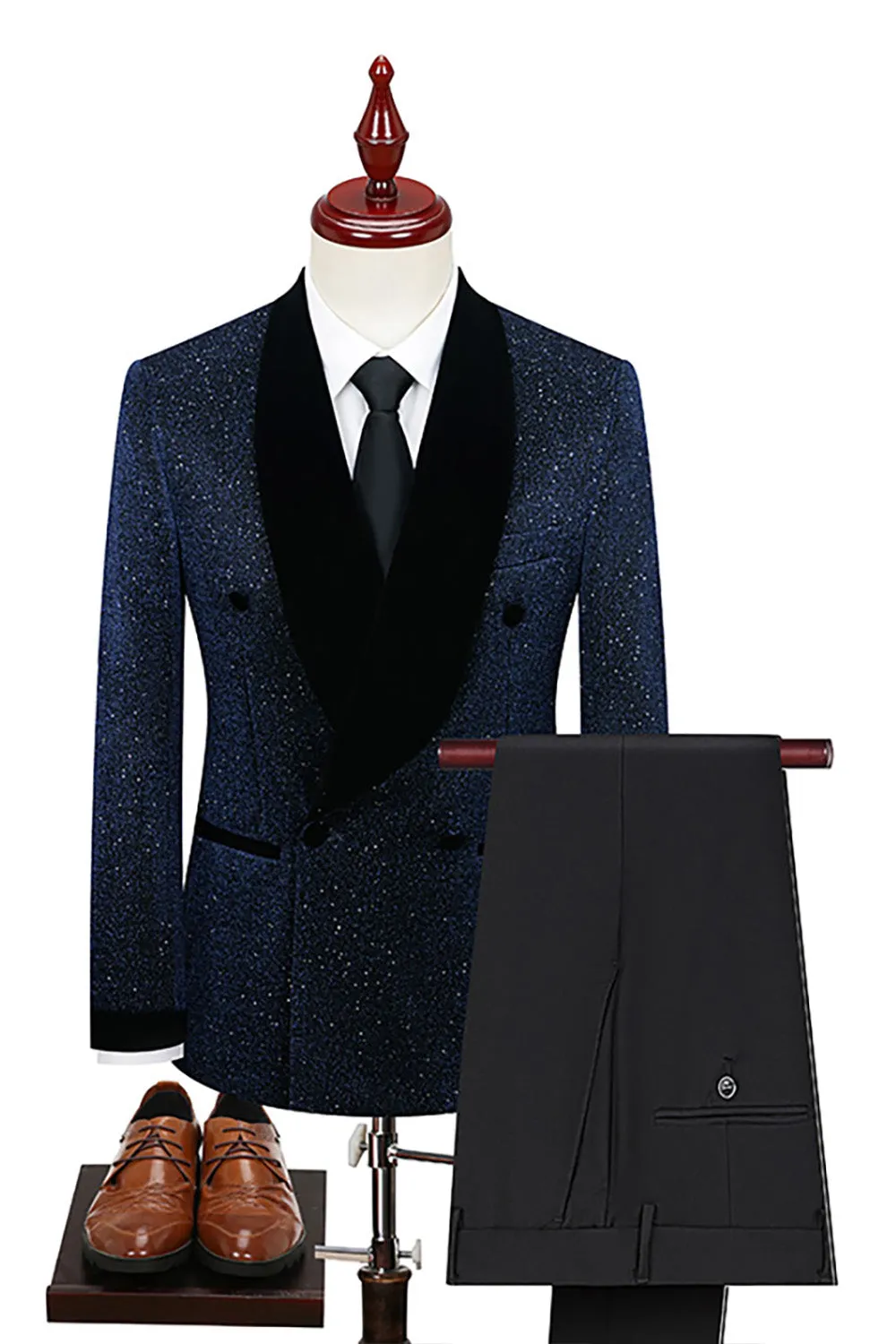 Sparkly Navy Sequin Shawl Lapel 2 Pieces Slim Fit Men's Prom Suits sold by Zapaka
