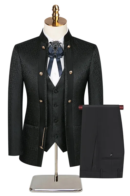 Stand Collar Jacquard Black 3 Pieces Men's Suits sold by Zapaka