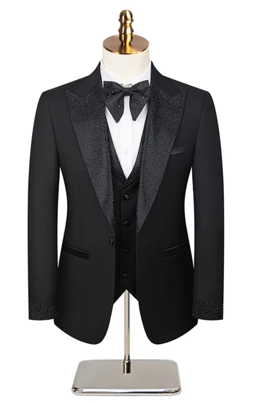 Men's Black Peaked Lapel Beaded 3 Pieces Wedding Suits sold by Zapaka