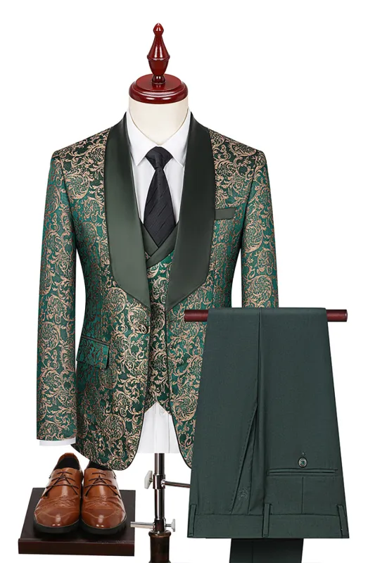 Dark Green Jacquard Shawl Lapel 3 Pieces Prom Suits sold by Zapaka