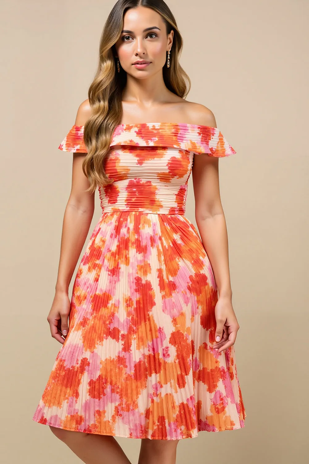 Orange Flower A-Line Ruched Off The Shoulder Wedding Guest Dress sold by Zapaka product image thumbnail 3