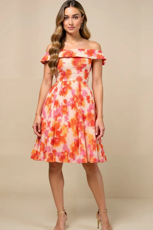 Orange Flower A-Line Ruched Off The Shoulder Wedding Guest Dress sold by Zapaka