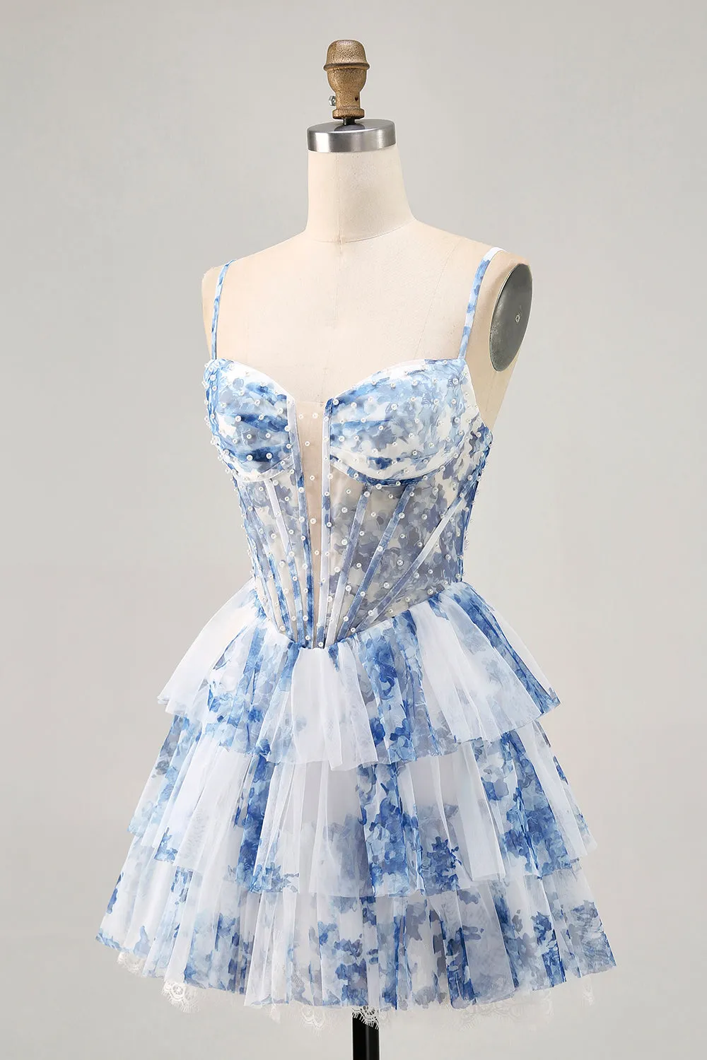 White Blue Flower Tiered Beaded A Line Printed Homecoming Dress sold by Zapaka product image thumbnail 3
