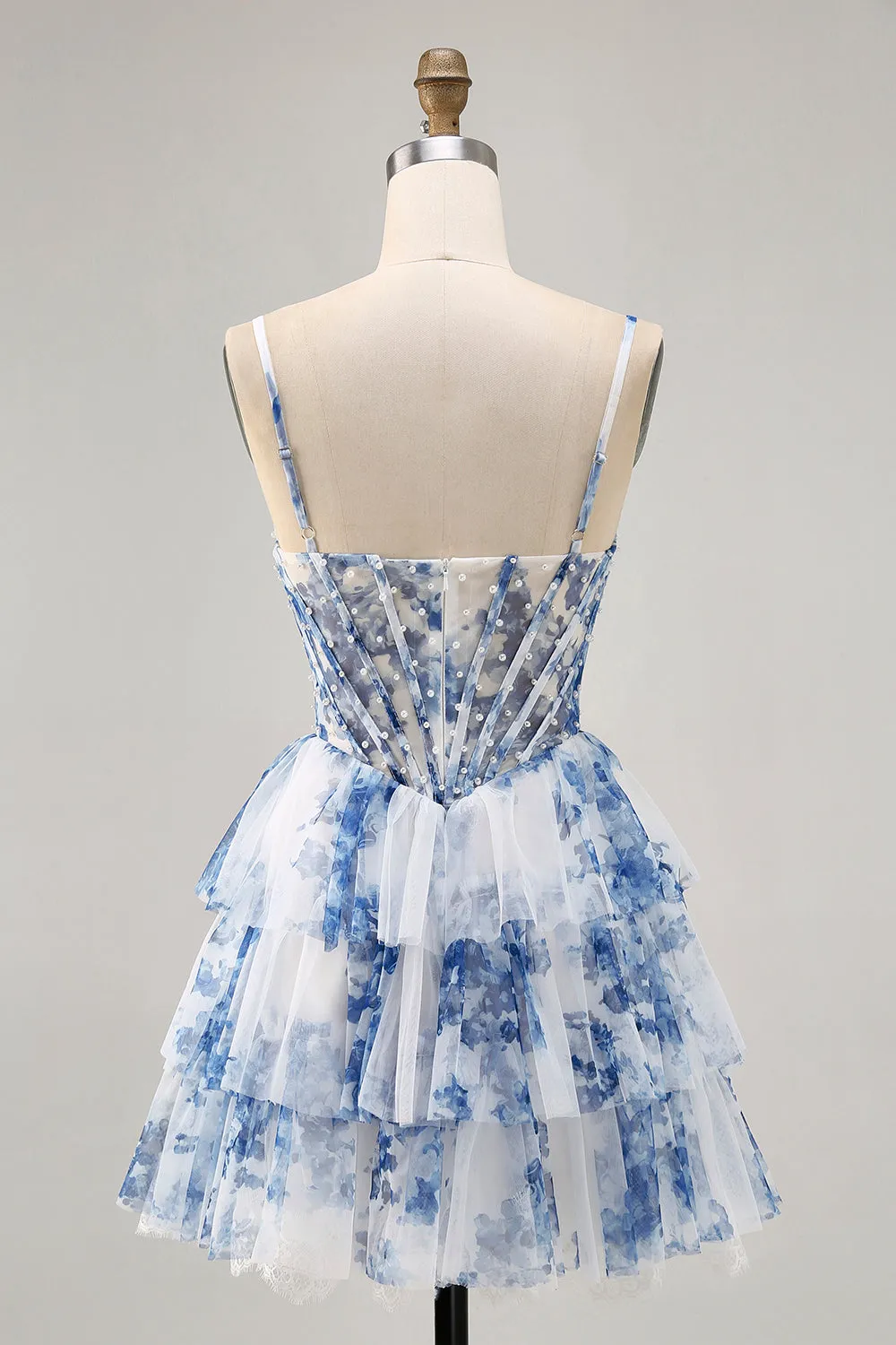 White Blue Flower Tiered Beaded A Line Printed Homecoming Dress sold by Zapaka product image thumbnail 2