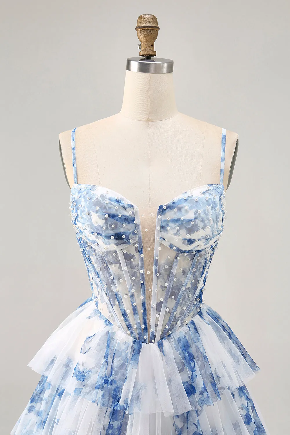 White Blue Flower Tiered Beaded A Line Printed Homecoming Dress sold by Zapaka product image thumbnail 4