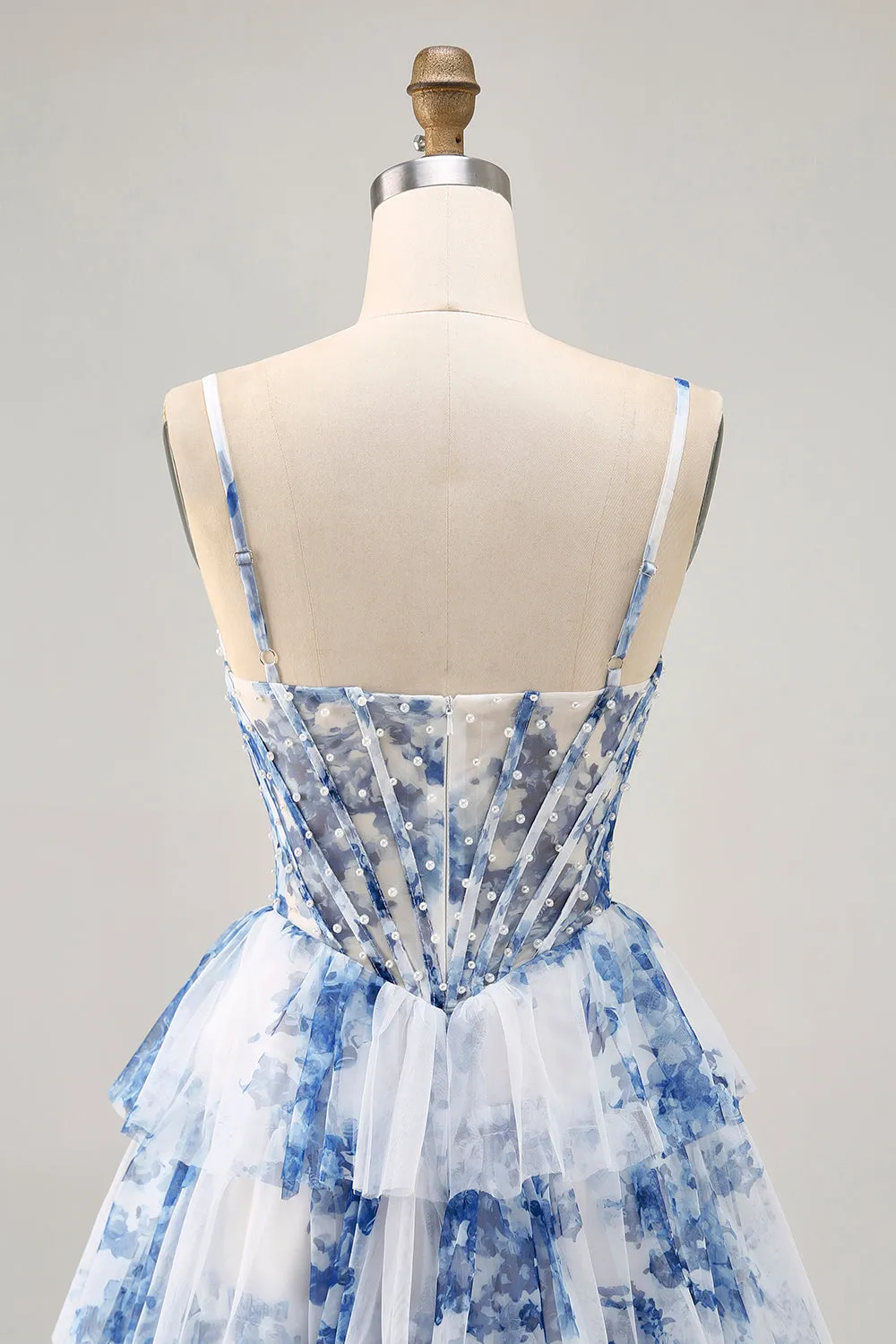 White Blue Flower Tiered Beaded A Line Printed Homecoming Dress sold by Zapaka product image thumbnail 5